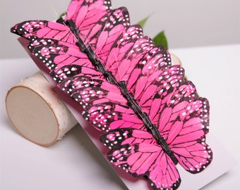 12 Hot Pink 5" feather butterflies, wedding decorations, Floral accents home garden decoration, Cake Topper, Bridal Bouquet, Party Supplies