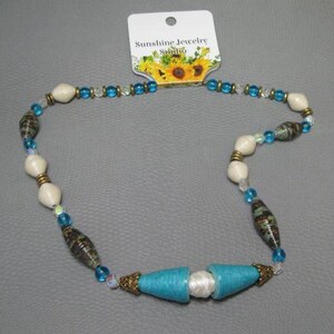 Paper Bead Jewelry- Paper Bead Necklace- turquoise- blue- white- pearl- Recycled- Upcycled- Handmade Jewelry- Necklace- Beaded Necklace