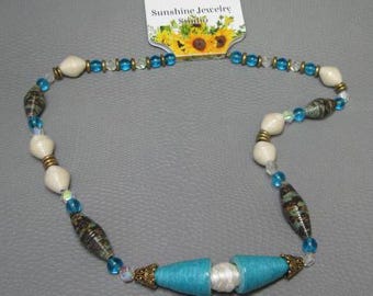 Gioielli di perline di carta - Collana di perline di carta - turchese - blu - bianco - perla - Riciclato - Riciclato - Gioielli fatti a mano - Collana - Collana di perline