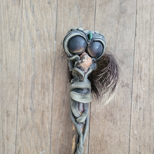 Hand Carved Wood Walking Stick * 38 inch * Metal - Wood - Fur - Jewels * Tribal * Voodoo * Tiki * Face * Unique * One of a Kind 76541280
