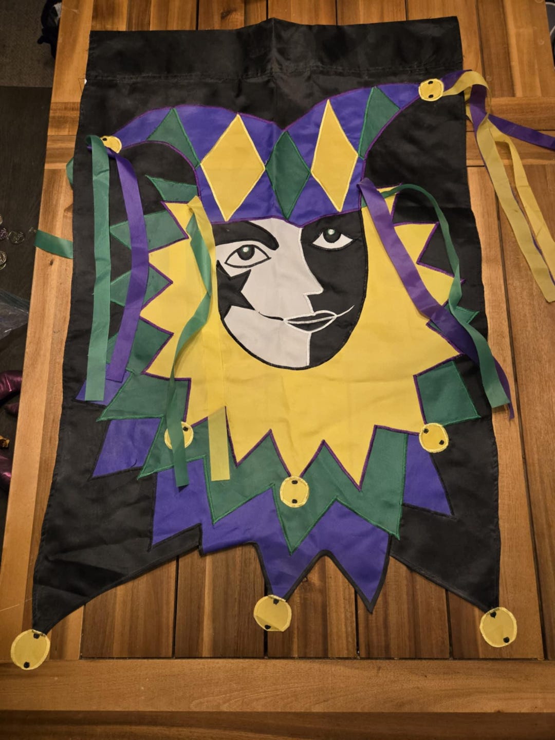 Jester Ruffle Banner Vintage Mardi Gras Flag * Jester Mask Banner With Streamers * Purple ...