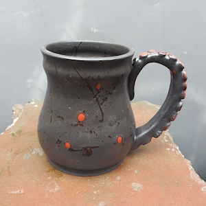 Tentacle Mug in Charcoal Black Glaze with Red Mottled spots, made to order image 3
