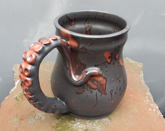 Tentacle Mug in Charcoal Black Glaze with Red Mottled spots, made to order