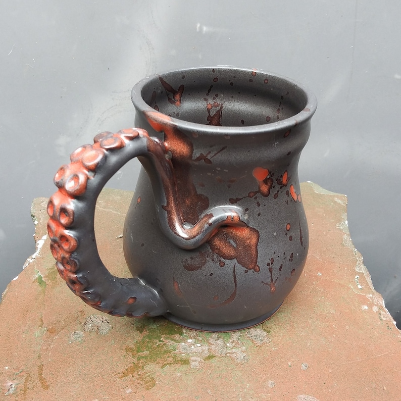 Tentacle Mug in Charcoal Black Glaze with Red Mottled spots, made to order image 1