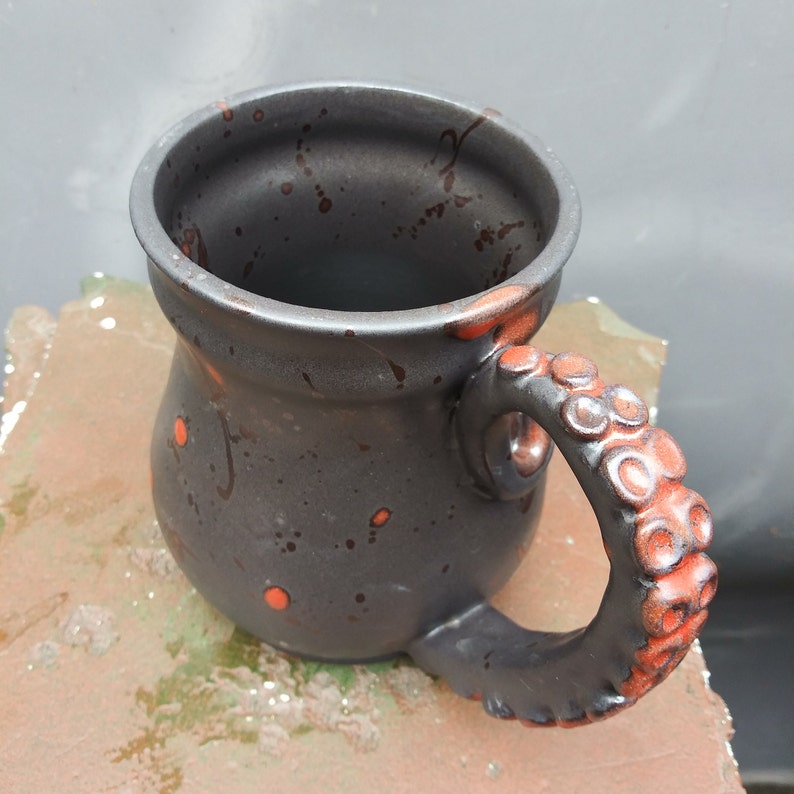 Tentacle Mug in Charcoal Black Glaze with Red Mottled spots, made to order image 2