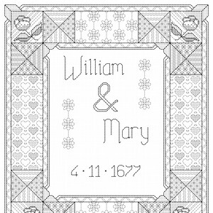 Pode incluir: Design de ponto de cruz em preto e branco com os nomes "William & Mary" e a data "4.11.1677". O design inclui motivos florais e de coração, com uma borda decorativa. O texto está em uma fonte simples e elegante.