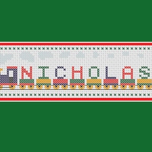 Cross stitch pattern: child's name plate, steam train