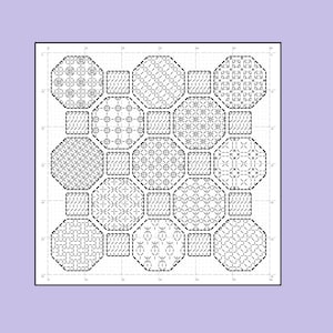 Könnte beinhalten: Ein detailliertes Schwarz-Weiß-Kreuzstichmuster mit verschiedenen geometrischen Formen, darunter Achtecke und Quadrate, gefüllt mit komplizierten Designs. Das Muster ist vor einem hellvioletten Hintergrund mit einem Raster-Overlay angeordnet.