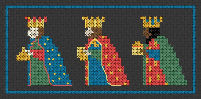 May include: Cross-stitch design featuring three kings in profile, each wearing a gold crown and holding a gift. The kings are depicted in various skin tones and robes of blue, red, and green. The background is dark gray with a blue border.