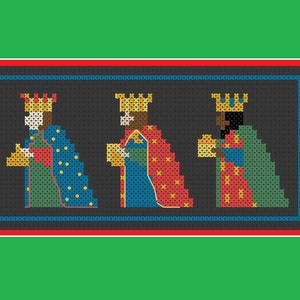 May include: A cross-stitch design featuring three figures, each wearing a crown and holding a gift. The figures are dressed in robes of blue, red, and green, with gold accents. The artwork is framed in red and blue on a black background, set against a green backdrop.