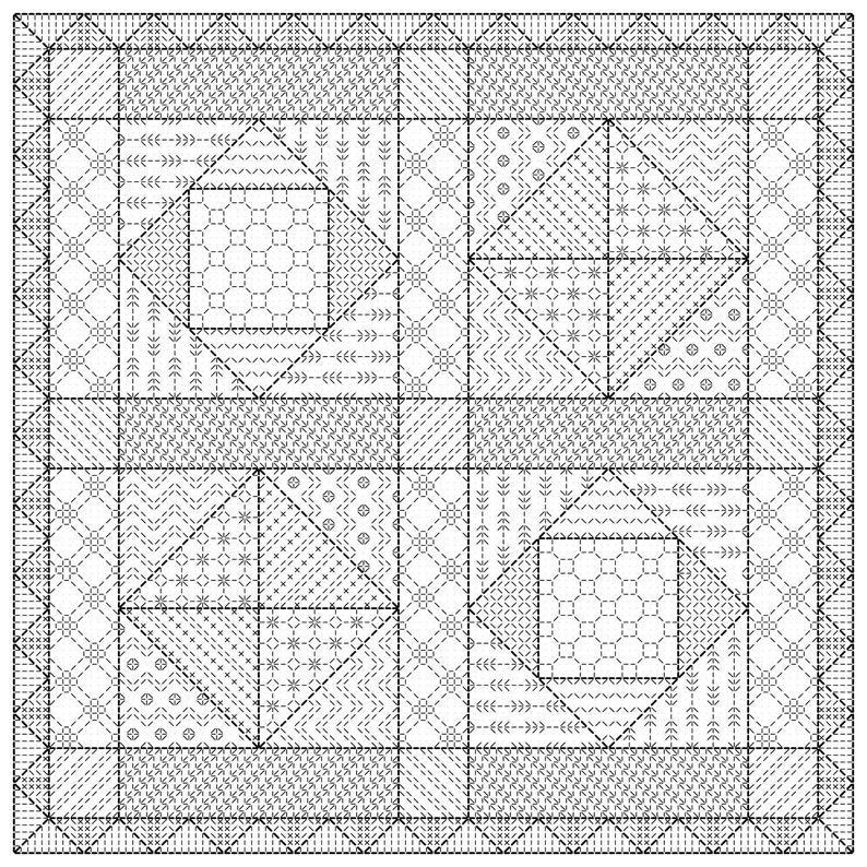 K&ouml;nnte beinhalten: Detailliertes, quadratisches Schwarz-Wei&szlig;-Quilt-Design. Der Quilt weist ein Rastermuster mit verschiedenen gen&auml;hten geometrischen Formen auf, darunter Quadrate, Rauten und Dreiecke. Das Design integriert verschiedene Stichmuster und erzeugt ein strukturiertes Aussehen.