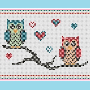 Owl cross stitch pattern: lovebird owls