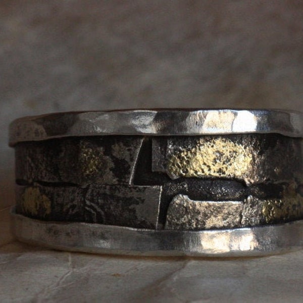 Samurai style, mans engagement, wedding ring in silver and gold, classic rugged, tribal, original  handwork with mixed metal technique