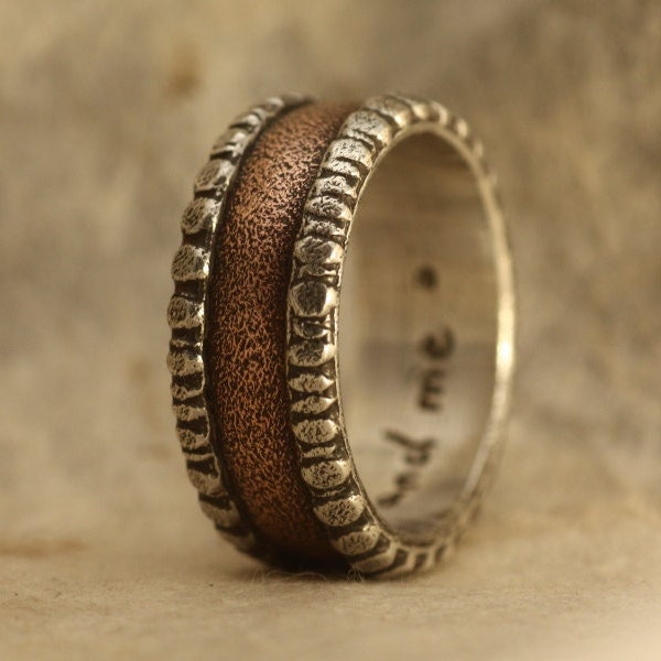 Rustic mans wedding engagement ring of sterling silver and copper. Mans engagement ring. Mans wedding ring.