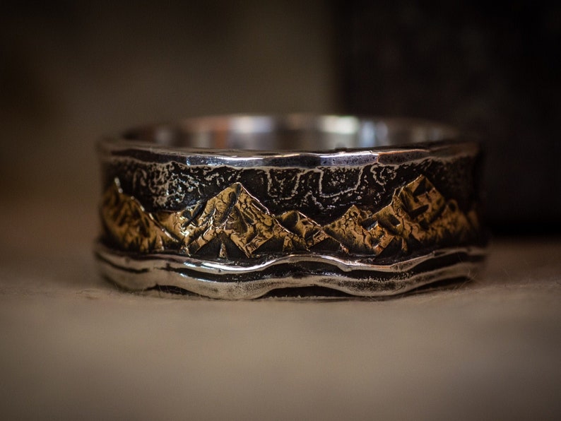 Mountain Lake. Mans wedding ring of 18K gold and sterling | Etsy