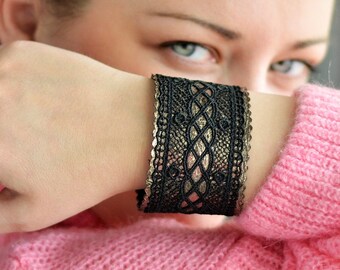 Leather cuff bracelet for woman, Wide cuff bracelet for mom, Gothic lace bracelet