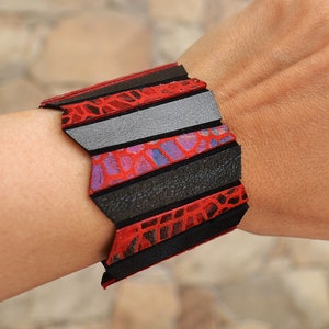 Geometric bracelet for women, Red black bracelet, Wide cuff bracelet