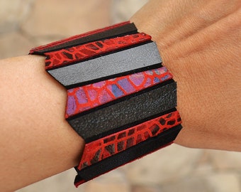 Geometric bracelet for women, Red black bracelet, Wide cuff bracelet