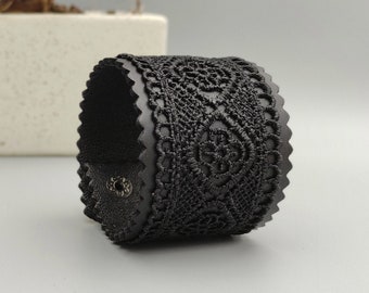 Gothic bracelet Black leather cuff bracelet Black lace bracelet Wide wristband for women