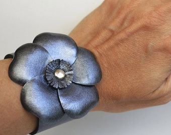 Wide leather bracelet Large flower bracelet Metallic gray bracelet