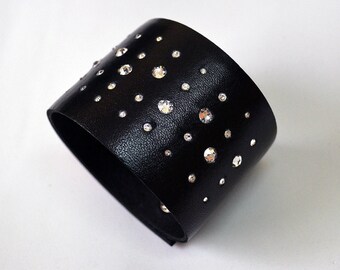 Black leather bracelet Handmade leather bracelet crystal cuff bracelet Statement bracelet Evening bracelet