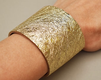 Wide cuff bracelet for women, Gold leather bracelet, Statement bracelet