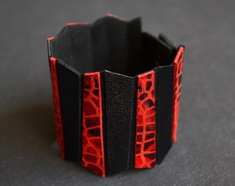 Wide leather cuff for women, Red black bracelet, Geometric bracelet