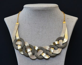 Gold leather necklace Bib necklace Statement necklace