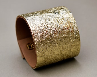 Gold leather bracelet, Wide cuff bracelet for women, Statement bracelet
