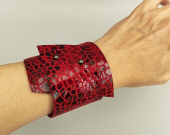 Red black leather bracelet Wide cuff bracelet Oversized bracelet Wide wristband