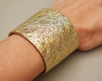 Gold leather bracelet, Wide cuff bracelet for women, Statement bracelet