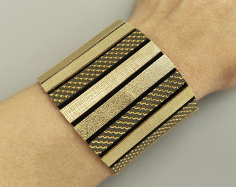 Wide cuff bracelet Handmade leather bracelet Gold leather wrist cuff Geometric cuff bracelet Women bracelet