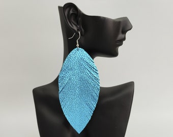 Turquoise leather earrings Oversized earrings Teal leather feather earrings Statement earrings