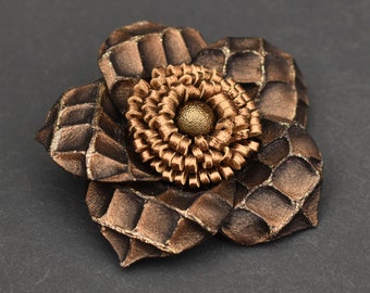 Leather brooch for women Leather flower brooch Fantasy flower pin Gold brown brooch