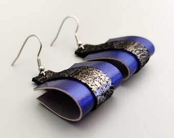 Blue leather earrings Geometric earrings Long dangle earrings for women