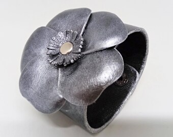 Wide cuff bracelet for women, Silver leather flower bracelet, Metallic leather bracelet