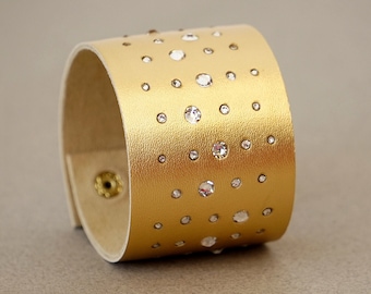Wide cuff bracelet for women Gold leather bracelet Statement bracelet