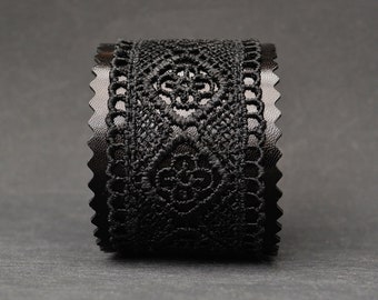 Statement bracelet, Boho jewelry, Black leather bracelet, Bracelet for women, Lace bracelet, Large bracelet, Modern jewelry, Chunky bracelet