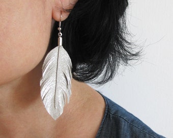 Silver feather earrings, Long leather feather earrings, Womens leather jewelry, Sparkling feather earrings, Boho jewelry, Modern earrings