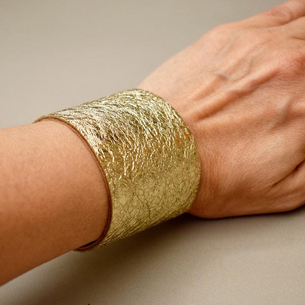 Gold leather bracelet Wide cuff bracelet for women Statement bracelet