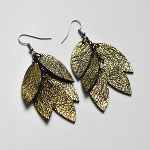 Gold leather earrings Gold leaves earrings Long leather earrings Unique earrings