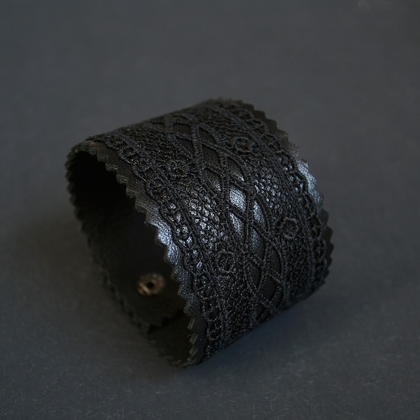 Wide cuff bracelet for women, Leather cuff bracelet, Black lace bracelet, Gothic bracelet