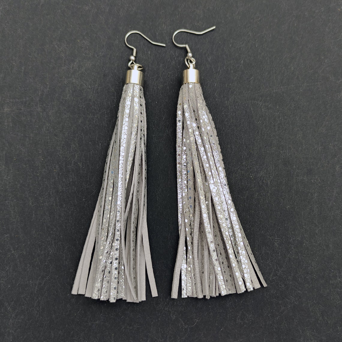 Silver Leather Tassel Earrings Extra Long Earrings Women Long Etsy UK