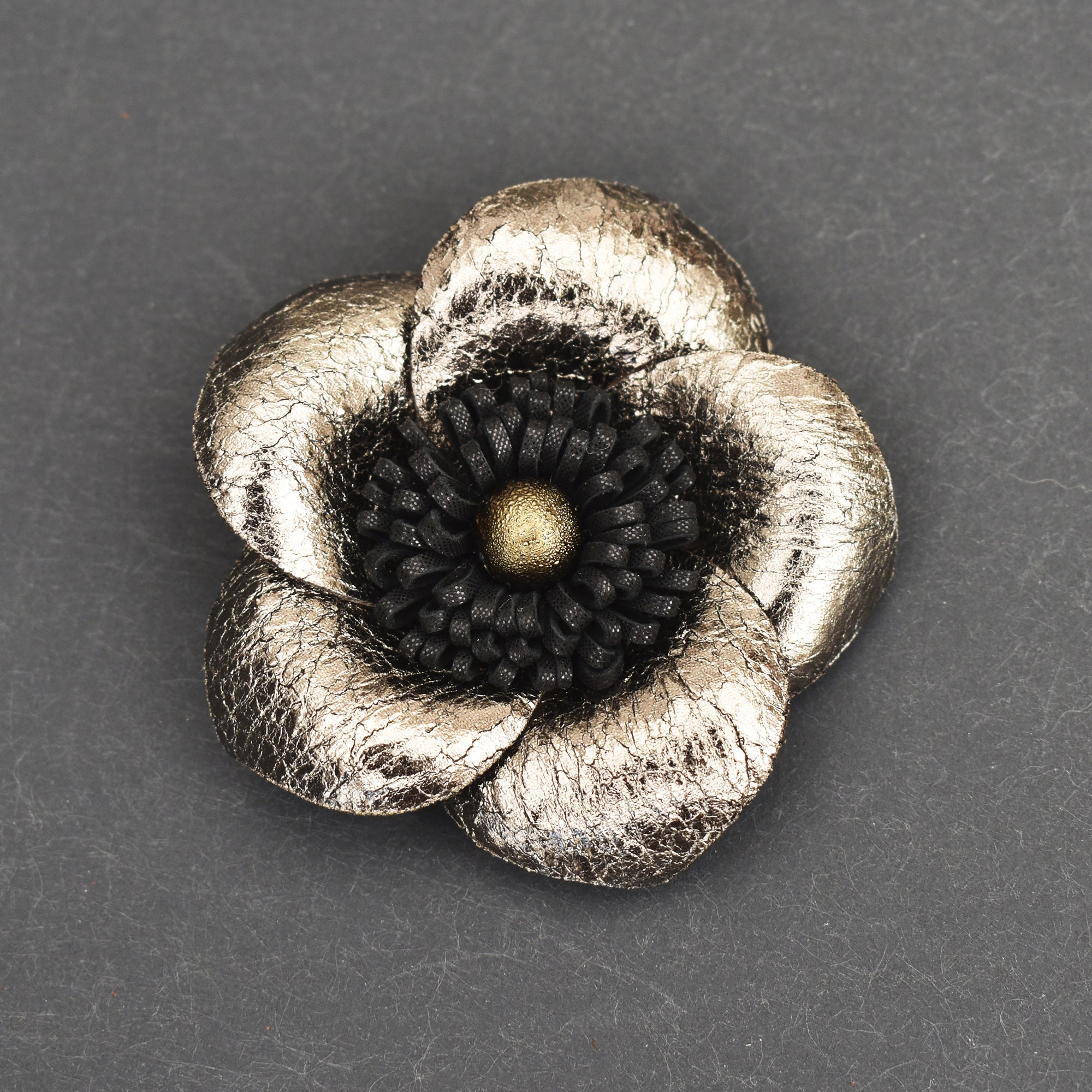 Spilla (broche) Fleur En Cuir Marron & Bronze - Fait Main - Marque EKcrea