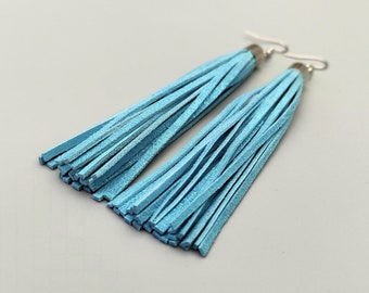 Extra long tassel earrings Teal fringe earrings Turquoise leather earrings