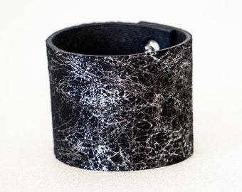 Wide cuff bracelet for women Silver black Gothic bracelet Leather wristband