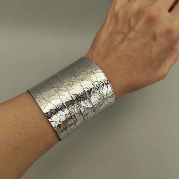 Cracked Silver Leather Bracelet Metallic Leather Cuff Wide