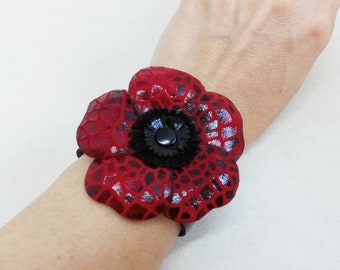 Red leather bracelet Wide cuff bracelet for women Handmade leather bracelet Red flower bracelet Wide wrist cuff