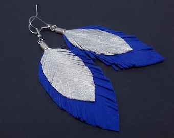 Leather dangle earrings, Stocking stuffers for women, Lightweight blue and silver earrings, Genuine leather earrings