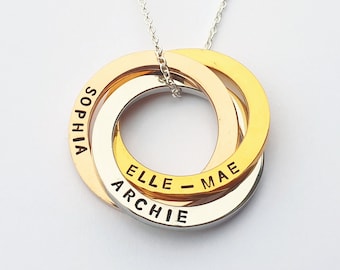 Personalised Interlocking Circle Necklace: Rose Gold, Gold, Silver Mixed metal rings